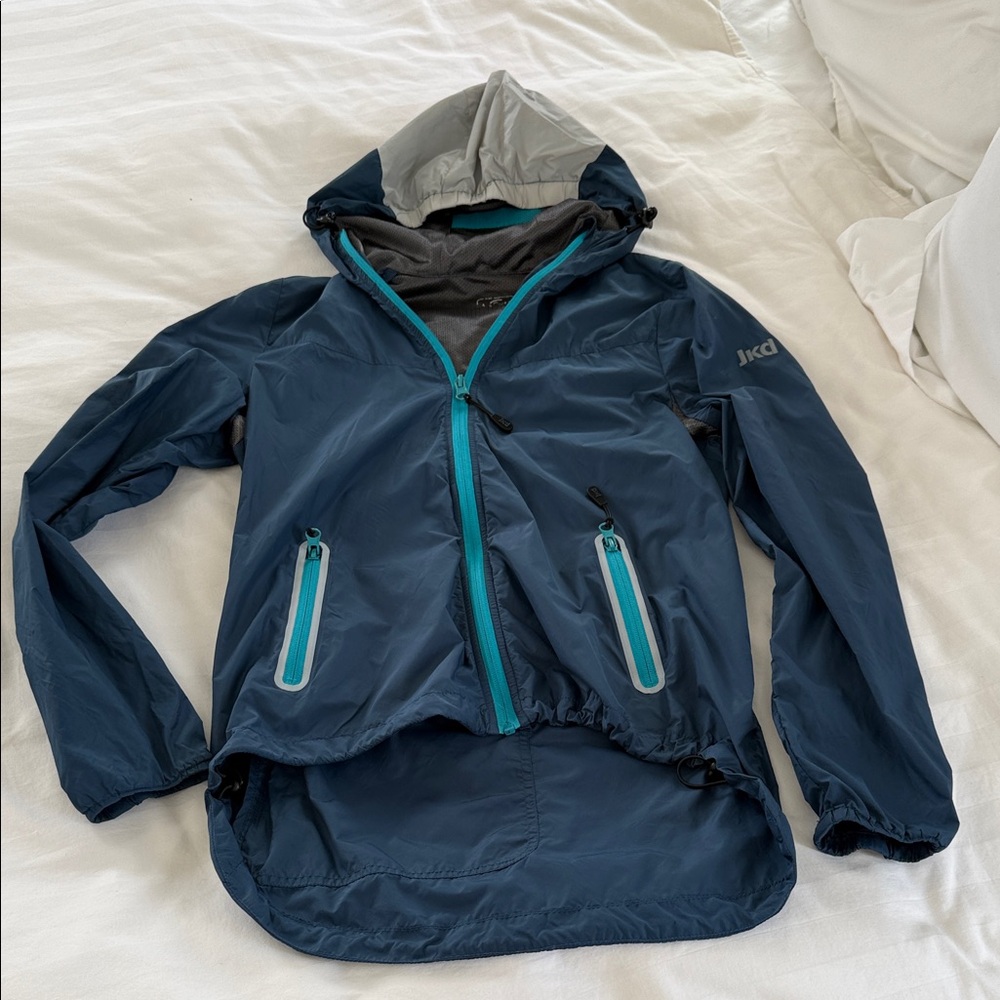 Navy Hooded Windbreaker with Teal Accents